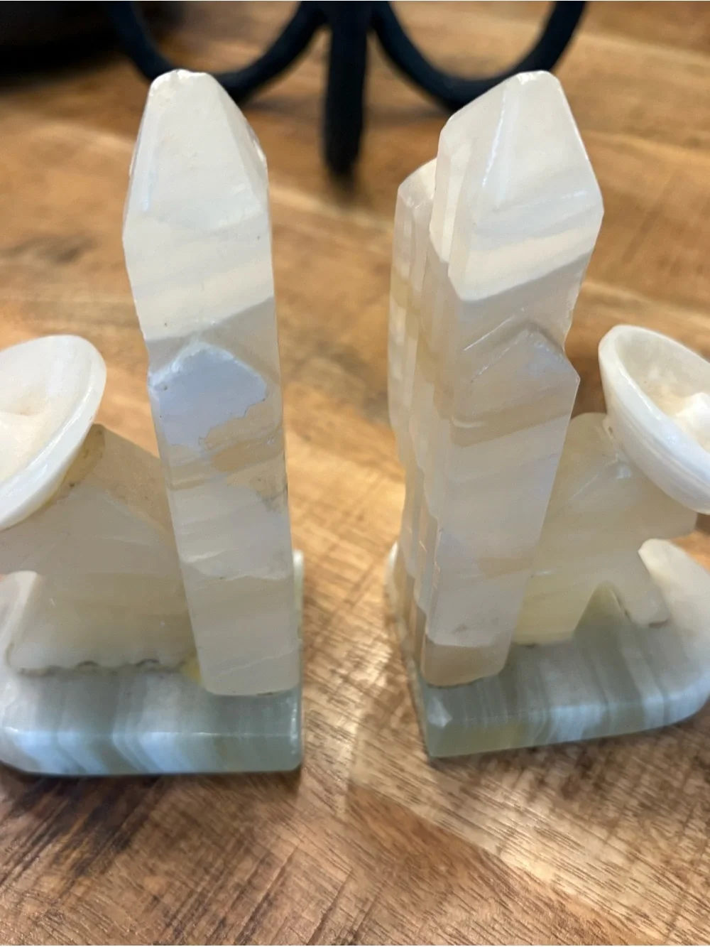 Polished White Onyx Decorative Obelisk Bookends - Neutral Home Accents